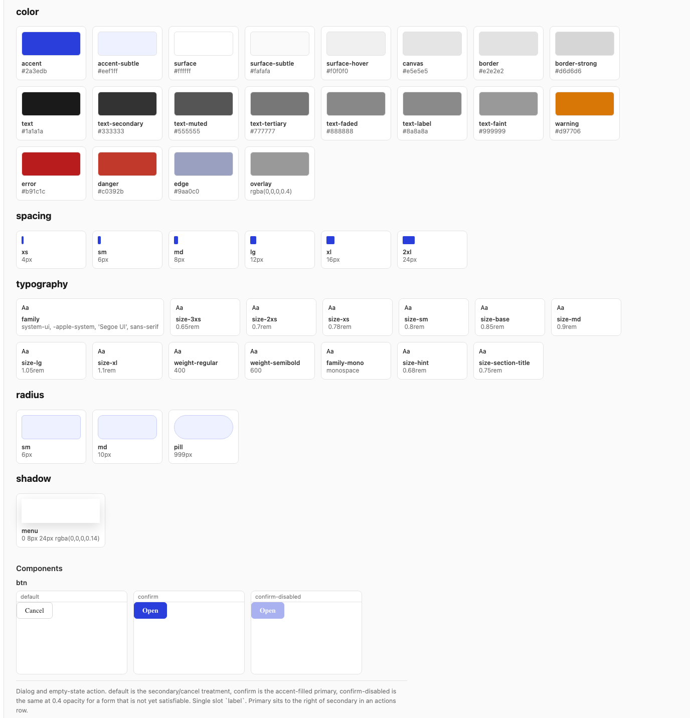 Artisign's own design project open in Artisign, showing the tokens behind the preview interface.