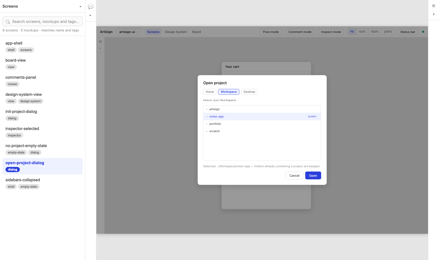 The Artisign browser preview showing a screen rendered from its source files.