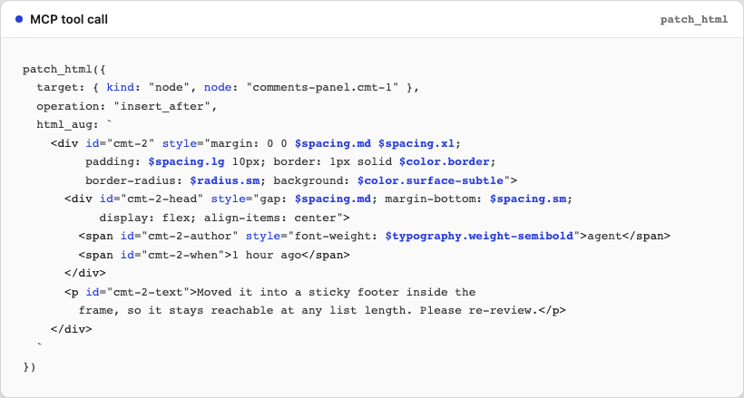 An agent tool call writing a screen through the Artisign MCP server.