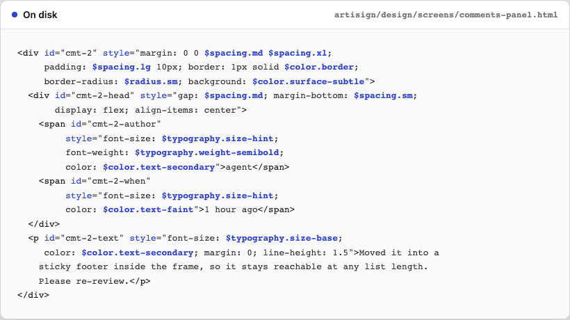 A screen file on disk: augmented HTML with token and component refs.