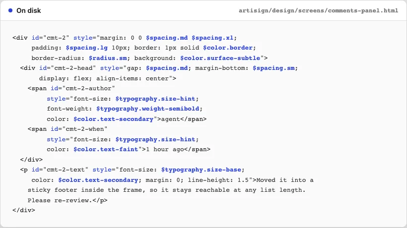 A screen file on disk: augmented HTML with token and component refs.