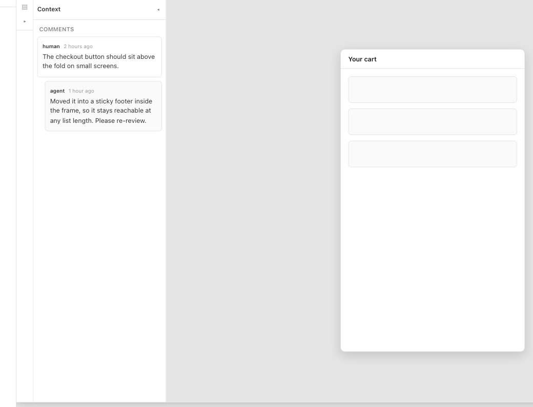 The browser preview with an anchored comment on a selected element.