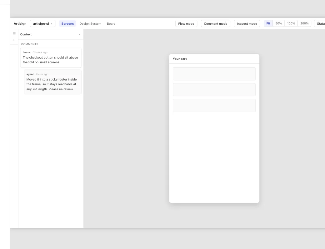 The browser preview with a comment thread in the Context panel beside the screen it is about.