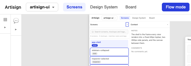A screen in the Artisign preview with flow mode on: a button marked as a flow source, ready to jump to the screen it links to.