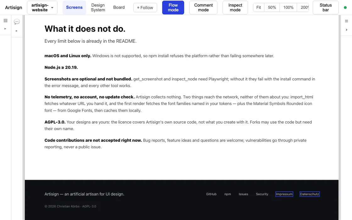 The artisign.dev home page in the Artisign preview with flow mode on: the Impressum and Datenschutz footer links are outlined as flow sources, ready to jump to the pages they link to.