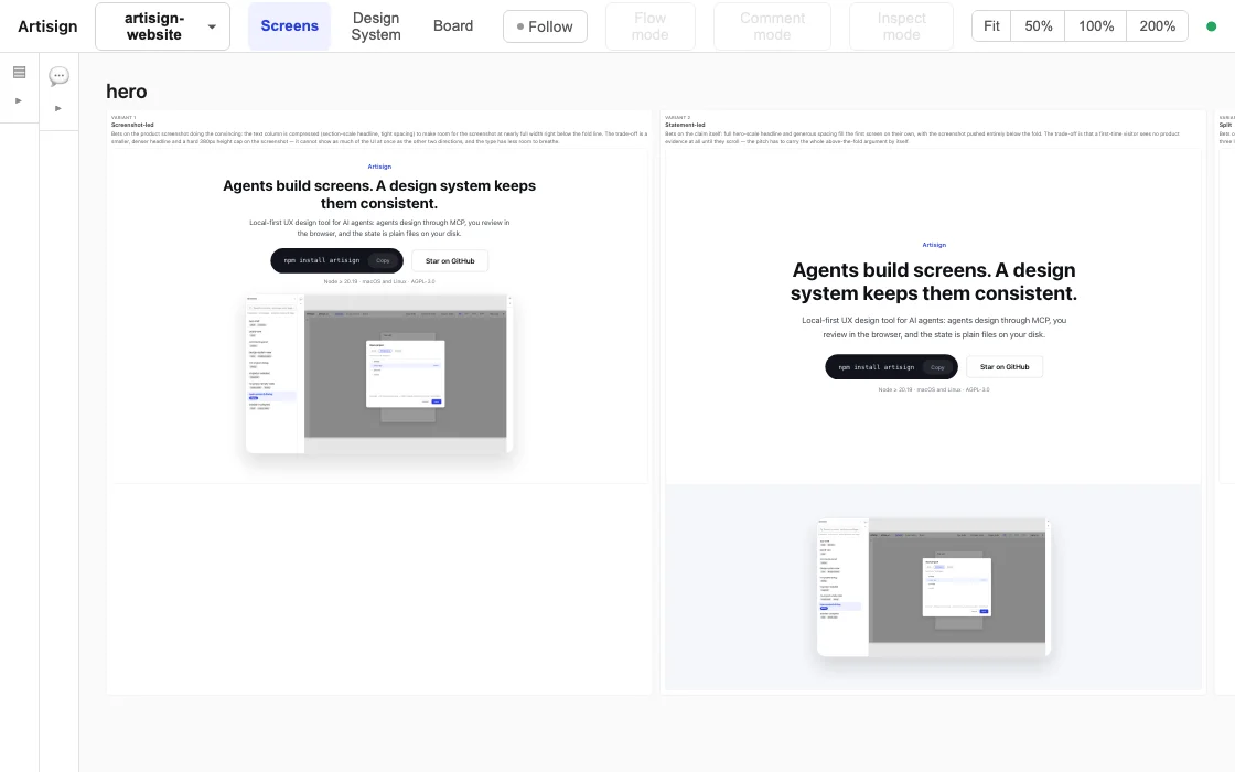 A mockup open in the Artisign preview: three variants of the same screen rendered as columns side by side for comparison, the third running past the edge.