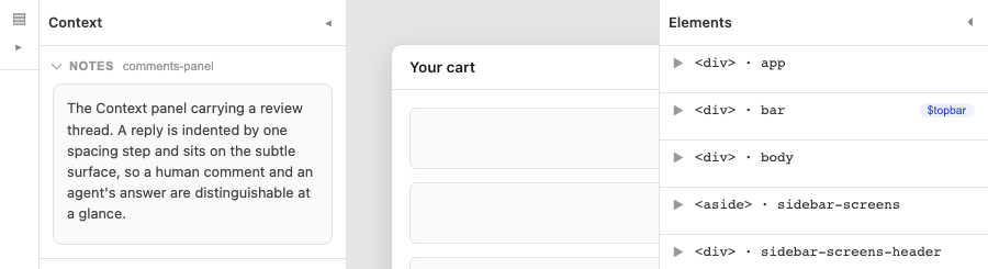 A screen in the Artisign preview with the Elements panel listing its nodes on the right and the Notes panel showing the screen's notes on the left.
