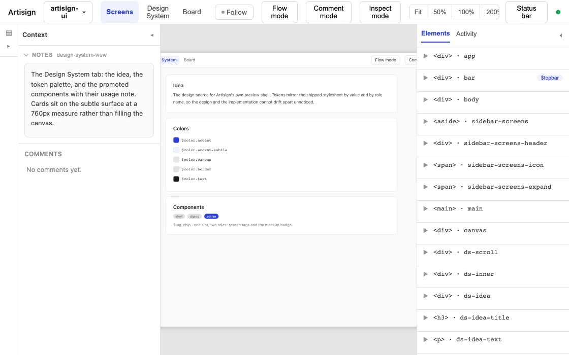 A screen in the Artisign preview with the Elements panel listing its nodes on the right and the Notes panel showing the screen's notes on the left.